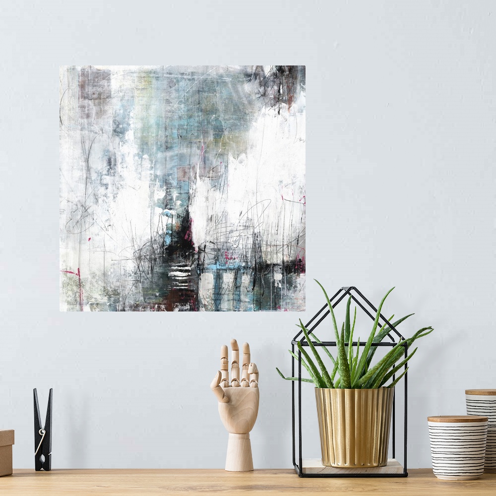 A bohemian room featuring Busy, square, abstract painting created with cool hues, thin squiggly lines, and pops of bright p...
