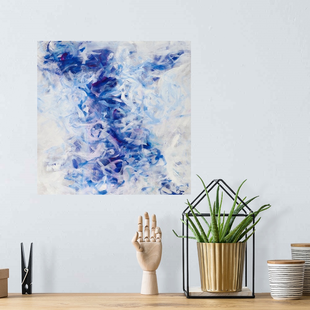 A bohemian room featuring Large abstract painting in shades of blue, gray, and white with small hints of purple in squiggly...