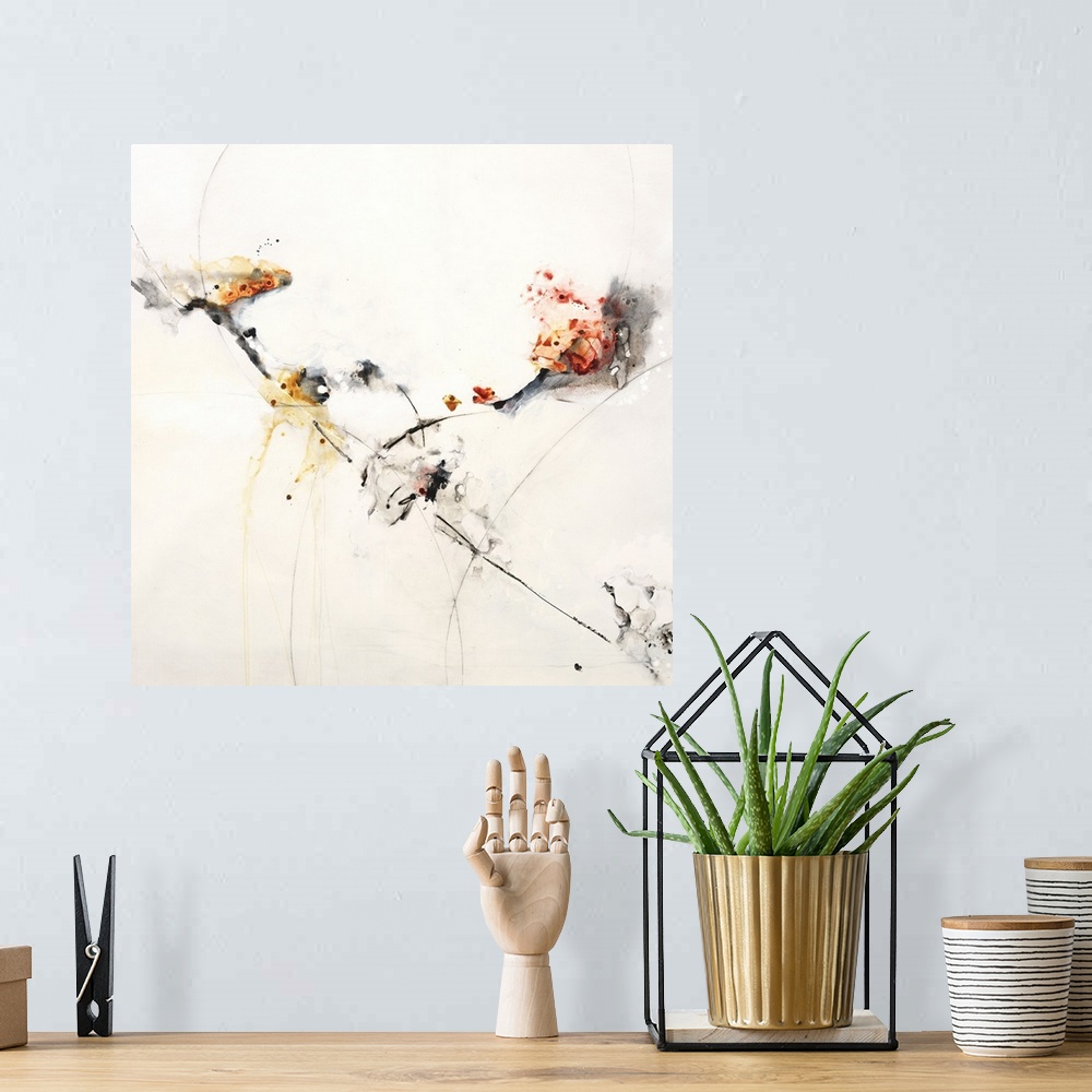 A bohemian room featuring Square abstract painting with gray, black, white, yellow, and red hues.