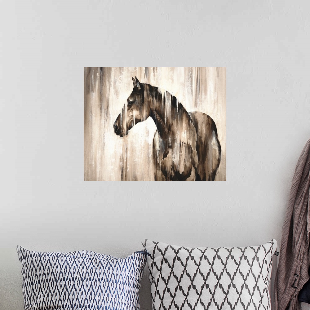 A bohemian room featuring Contemporary painting of a horse in shades of brown and white.
