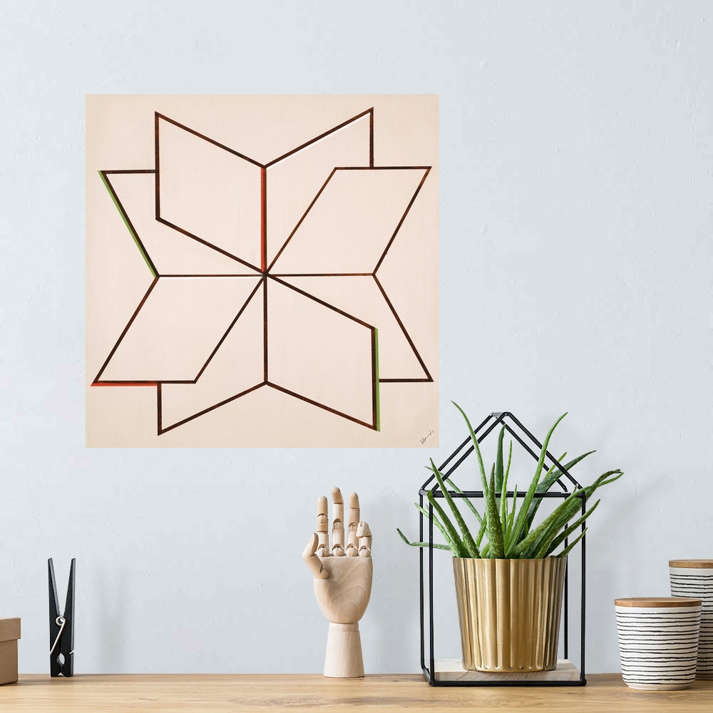 A bohemian room featuring Contemporary painting of a geometric shape.