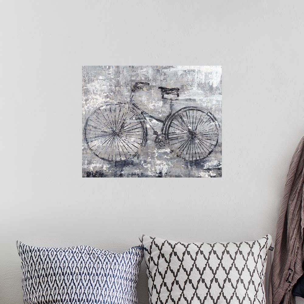 A bohemian room featuring A contemporary painting of a bicycle against a dark gray background with an overall distressed look.