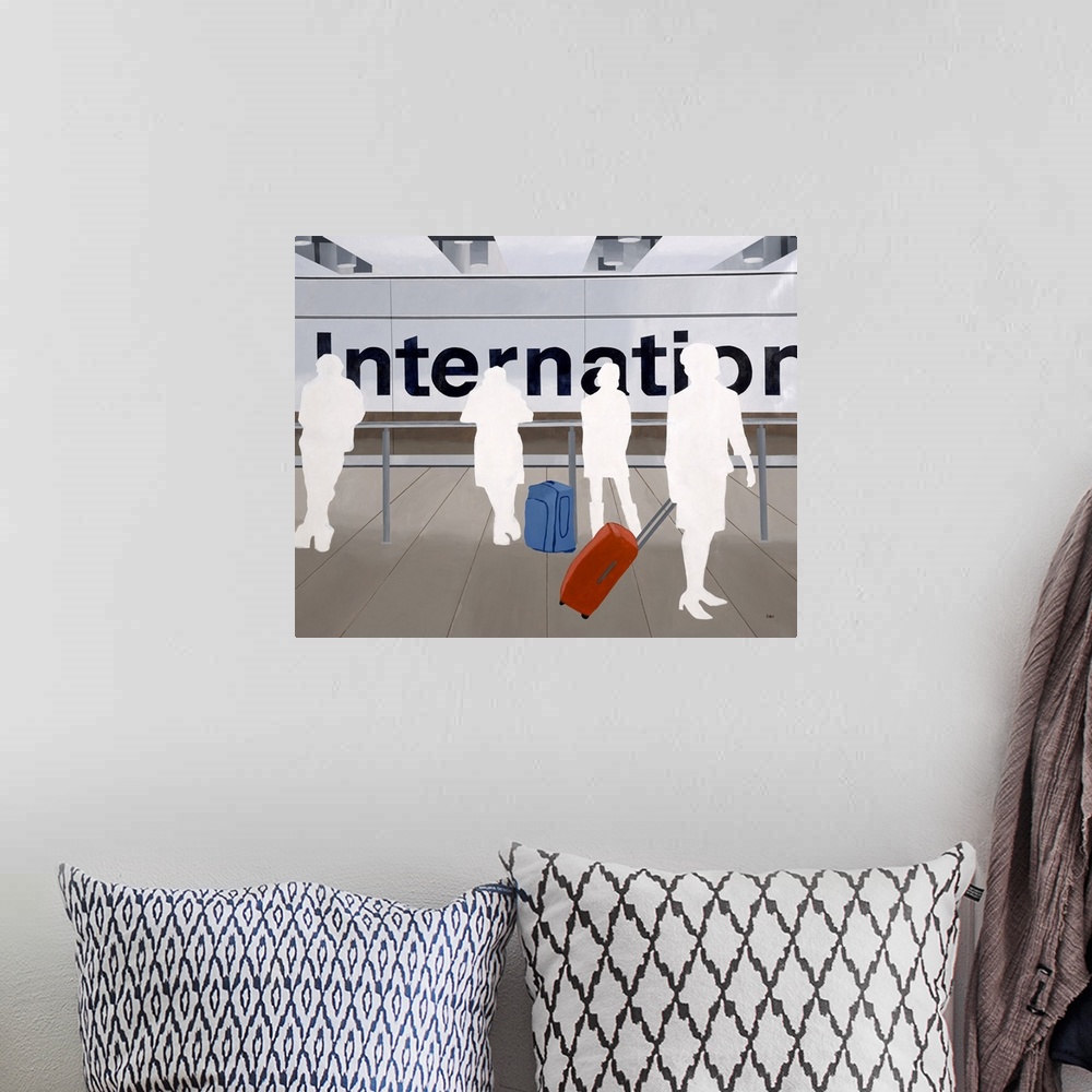 A bohemian room featuring Contemporary artwork of white silhouettes of passengers with luggage at an airport.