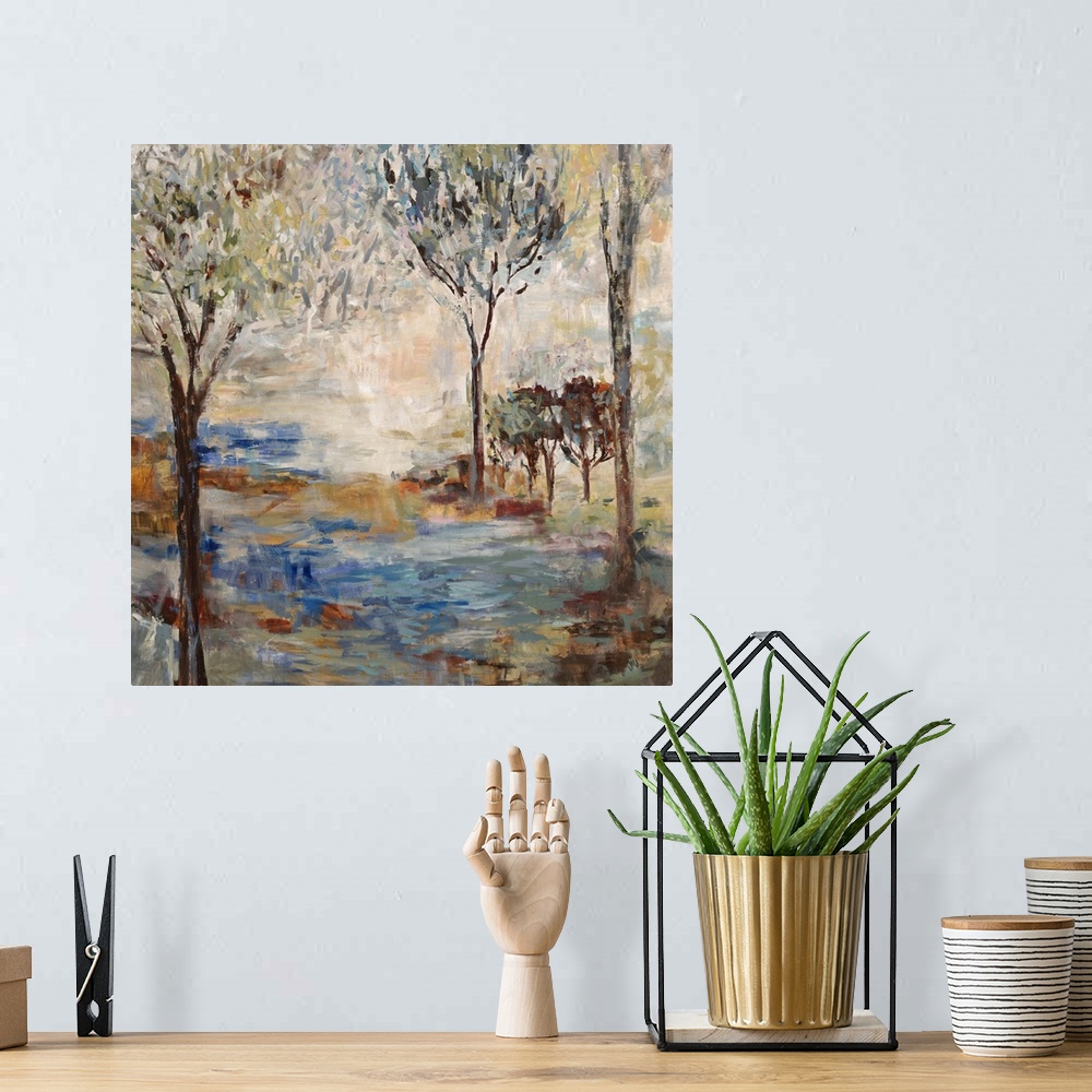 A bohemian room featuring Contemporary painting of an idyllic abstracted forest scene.