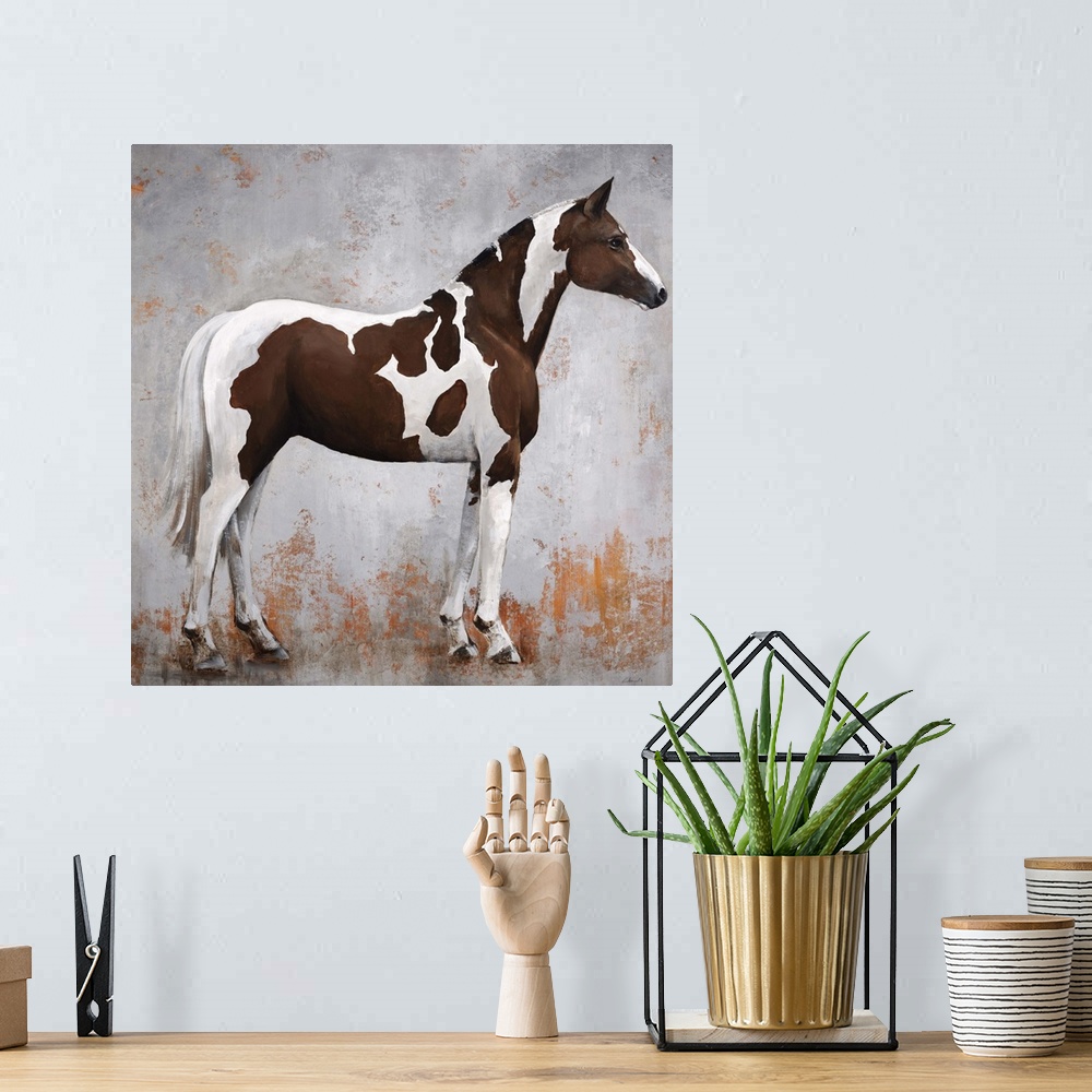 A bohemian room featuring Contemporary portrait of a paint horse in profile.