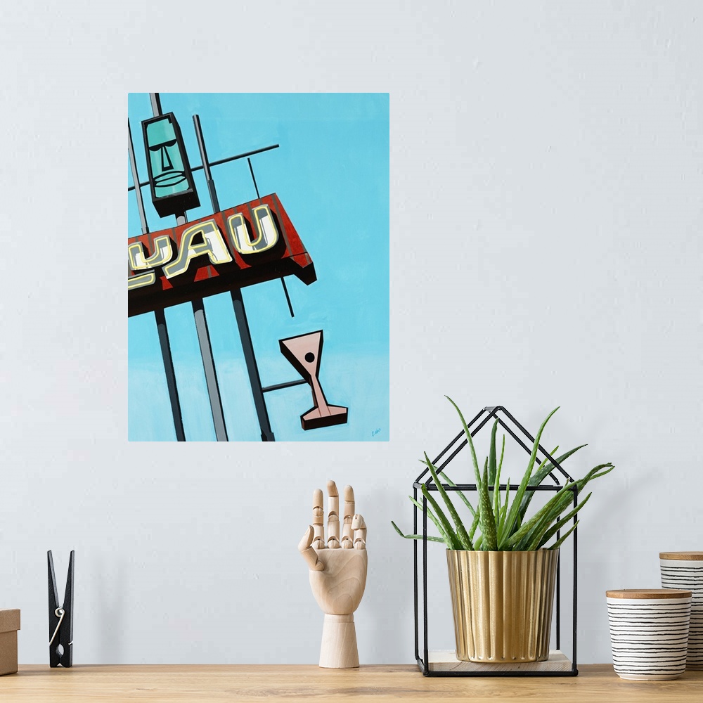 A bohemian room featuring Painting of a vintage luau sign that includes a tiki head and a martini glass, in front a bright ...