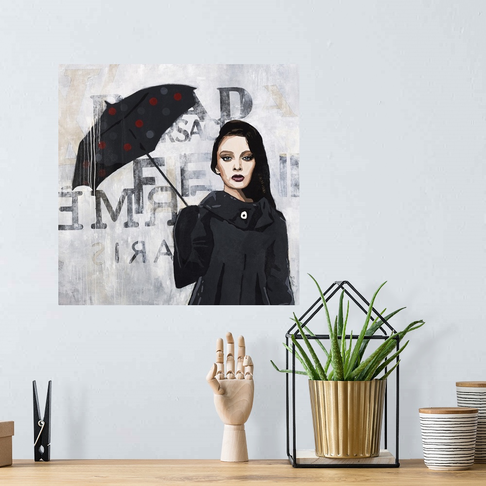 A bohemian room featuring Square artwork of a woman wearing a black rain coat and carrying a polka dotted umbrella with a g...
