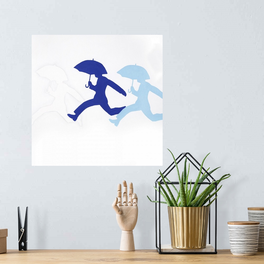 A bohemian room featuring Repetitive image of a person jumping with an umbrella in colors of white, navy and blue.