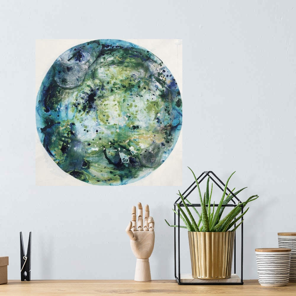 A bohemian room featuring Glassy blue and green tones in a circular shape.