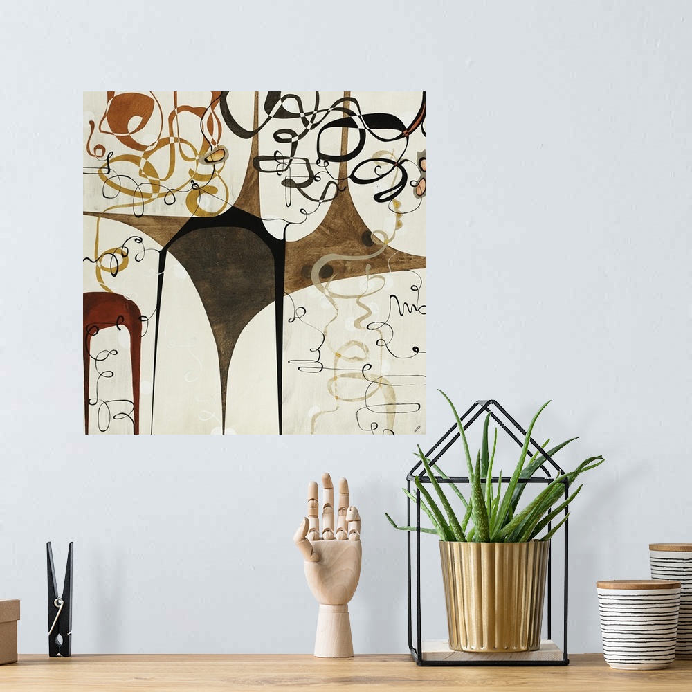 A bohemian room featuring Abstract art in warm earth tones of various shapes with intersecting, looping and overlapping lin...