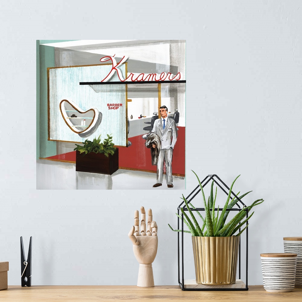 A bohemian room featuring Contemporary square painting of a man in a gray suit standing outside of a barber shop called "Kr...
