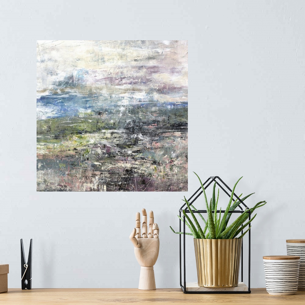 A bohemian room featuring Square abstract landscape of a dandelion field.