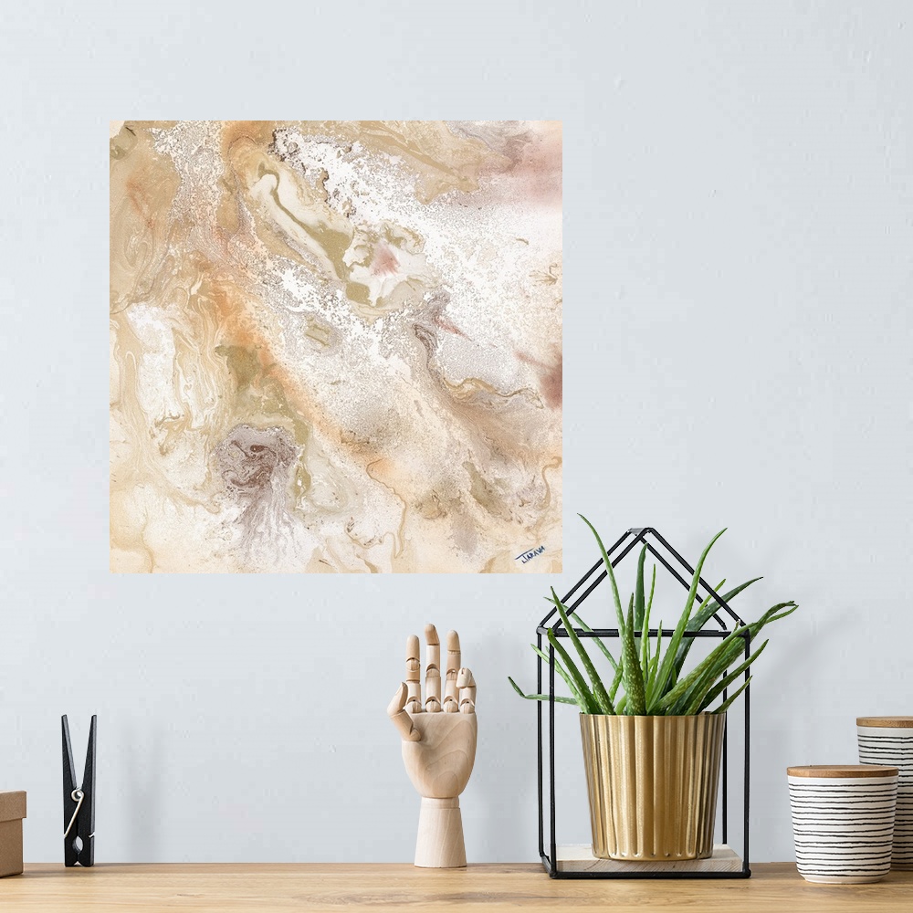 A bohemian room featuring Contemporary abstract painting using pale earthy tones.
