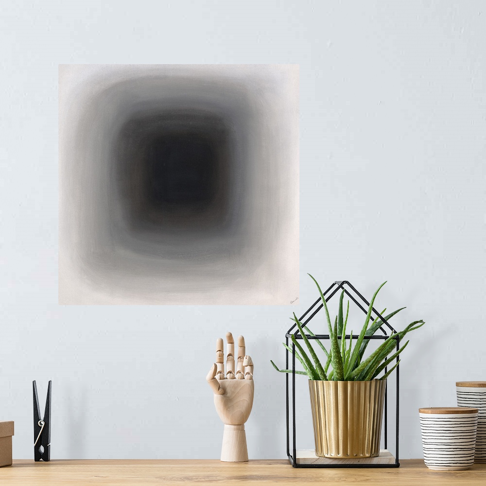 A bohemian room featuring Abstract painting of a faded and blurry rounded square fading in the distance.