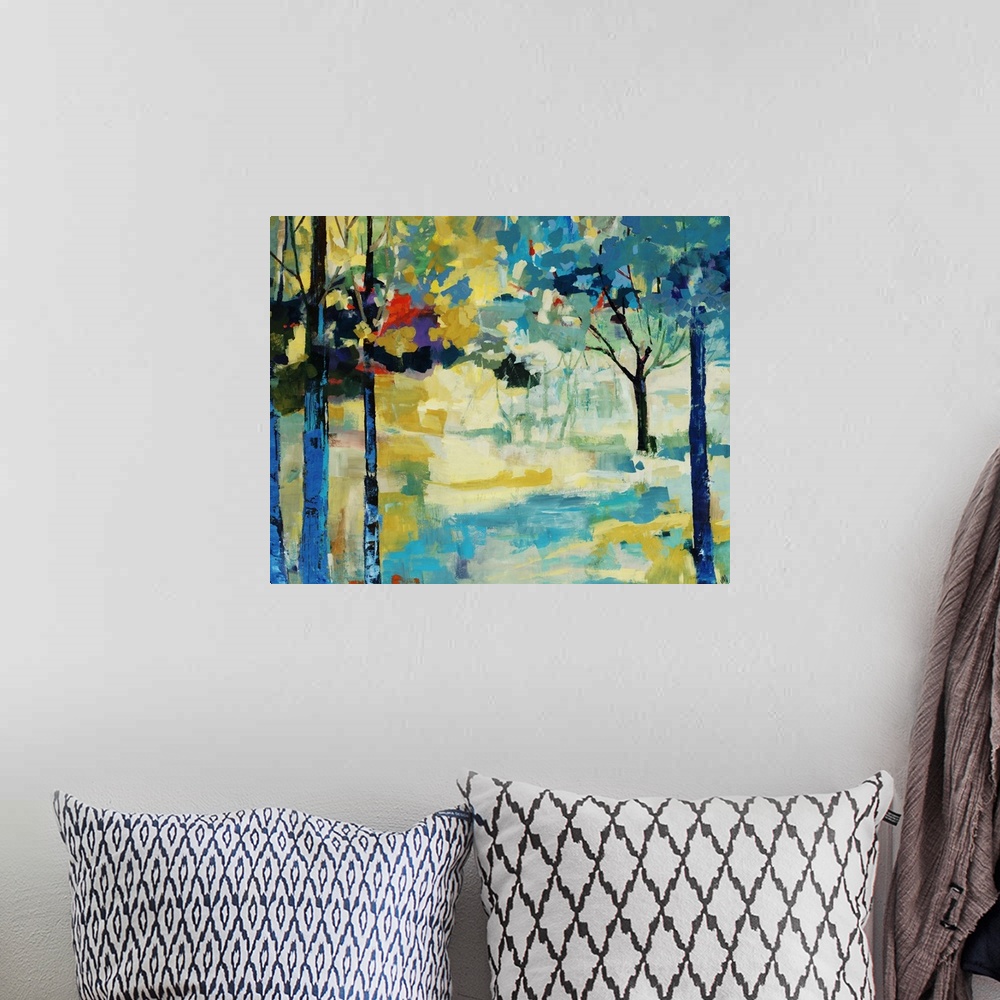 A bohemian room featuring Contemporary painting of a vibrant path surrounded on either side by a forest of colorful trees a...