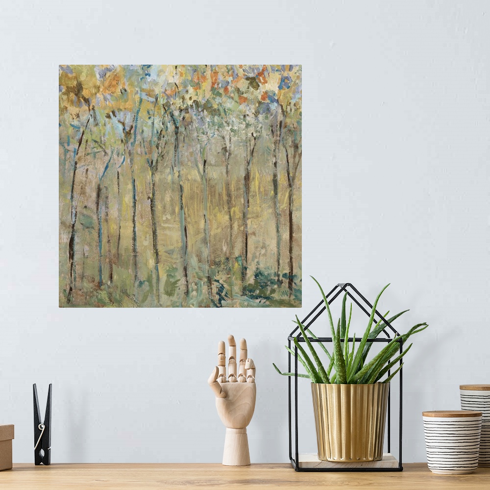 A bohemian room featuring Contemporary artwork of a forest of thin trees with colorful leaves.