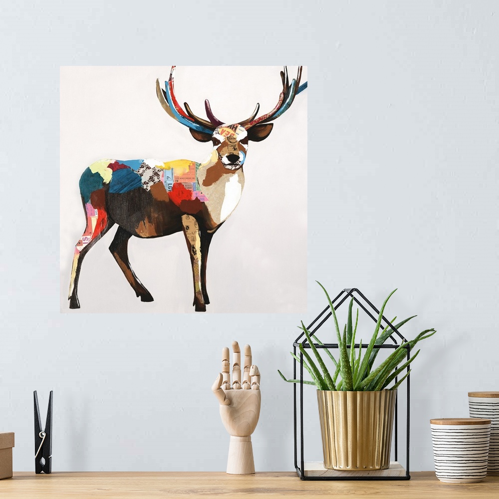 A bohemian room featuring Square art created with mixed media of a deer with large antlers standing on a light gray backgro...
