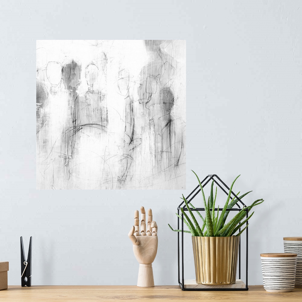 A bohemian room featuring An abstract painting of shapes of people in black lines and gray brush strokes.