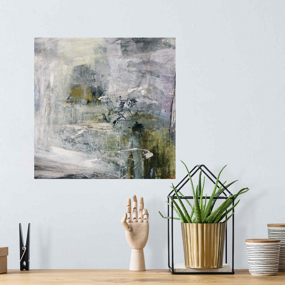 A bohemian room featuring Contemporary abstract painting of a variety of gray tones with hints of muted green in a distress...