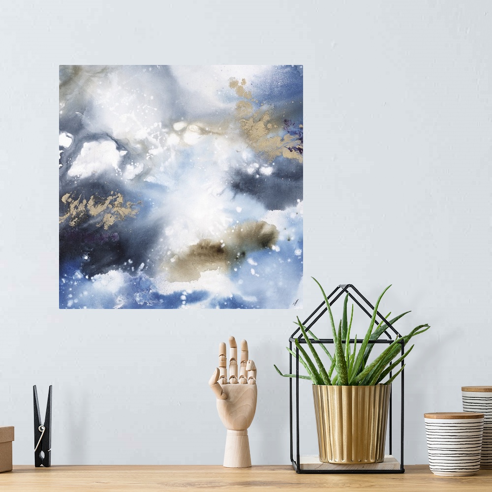 A bohemian room featuring Abstract contemporary painting in blue and gold tones, resembling a cloudy sky.
