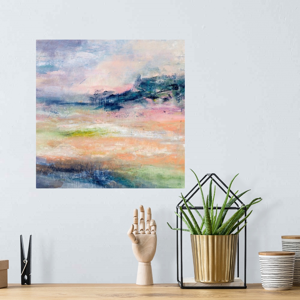 A bohemian room featuring Colorful square abstract artwork in calming hues.
