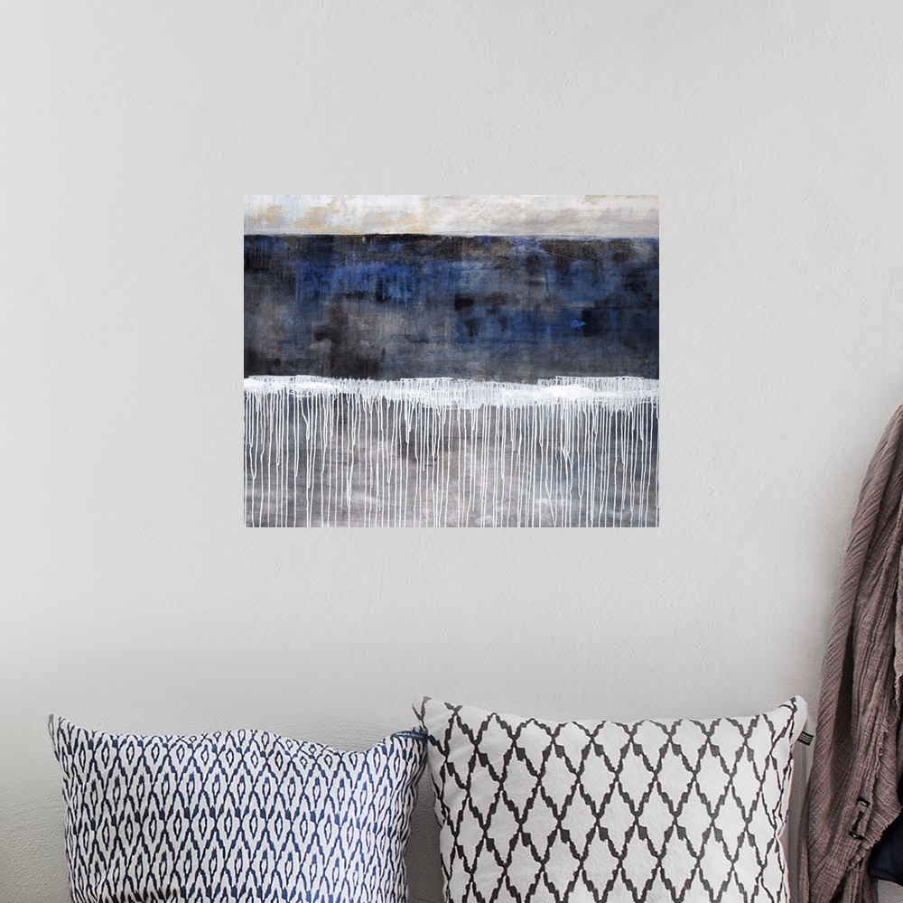 A bohemian room featuring Contemporary abstract painting of a blue background with a line of white paint in the middle of t...