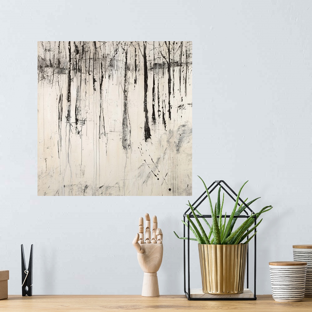 A bohemian room featuring Abstract painting of a dense forest of thin trees with no leaves and a foreground covered in a th...