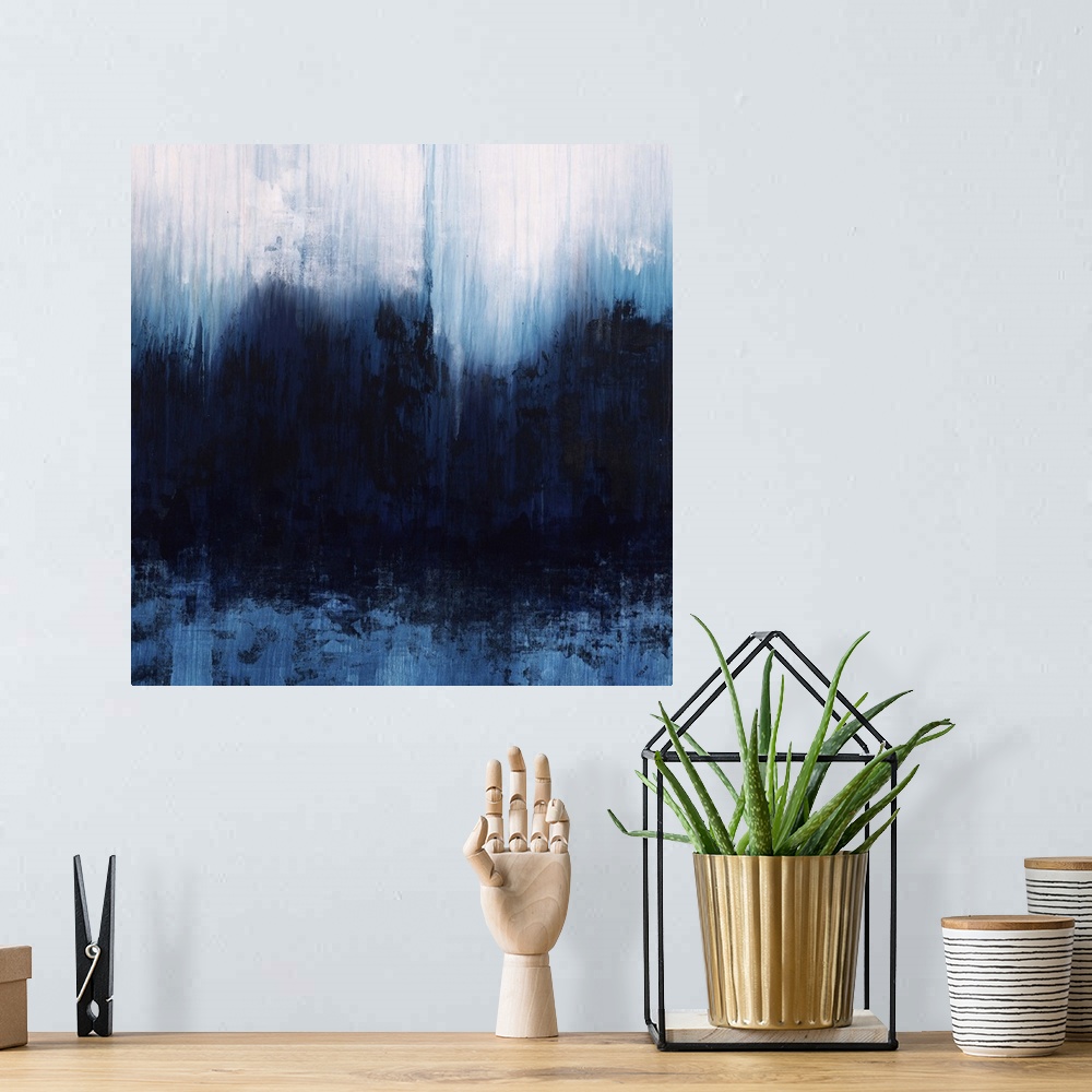 A bohemian room featuring Contemporary abstract painting using dark blue and gray tones in a vertically blurred motion.