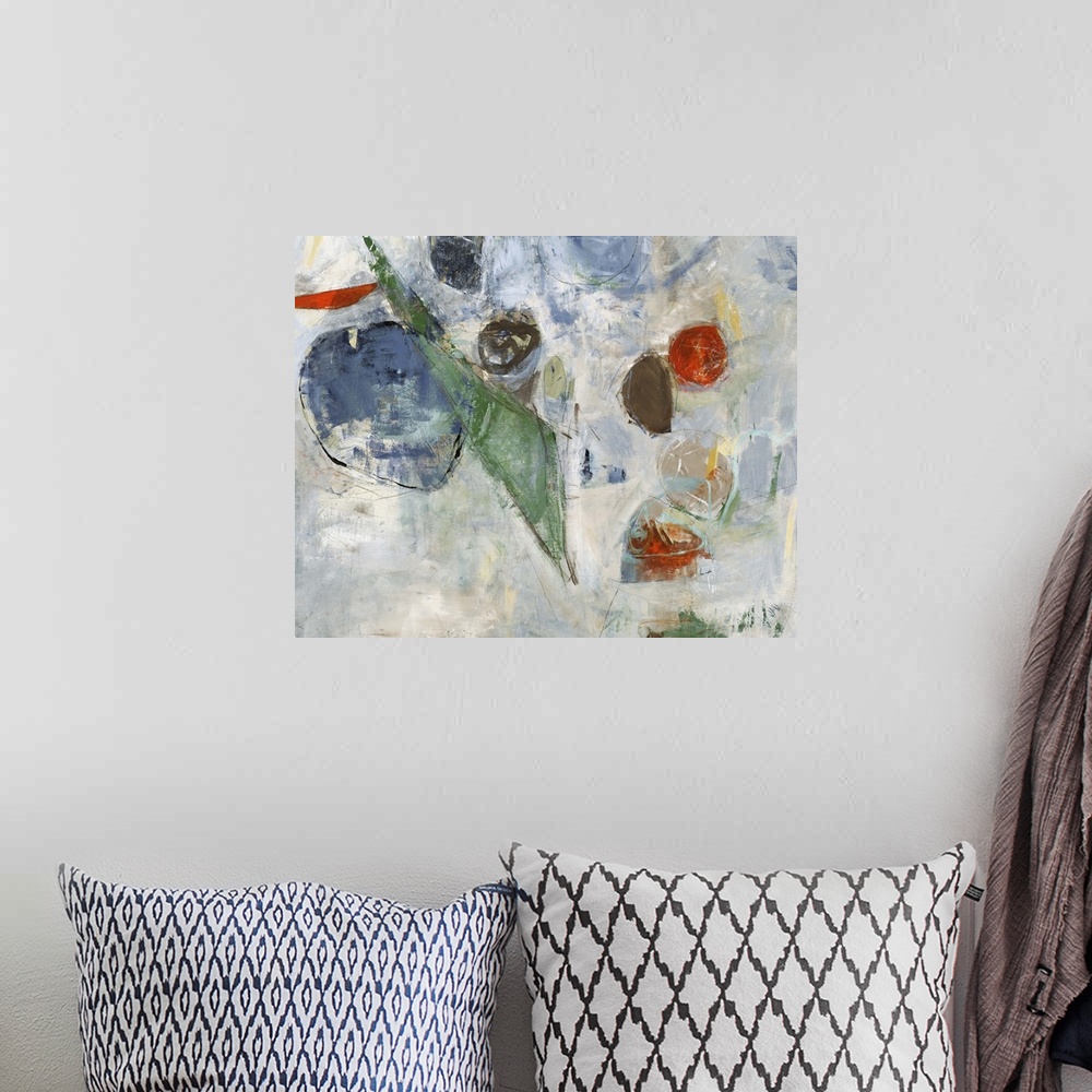 A bohemian room featuring Contemporary abstract painting using muted multi-colored organic shapes against a neutral toned b...
