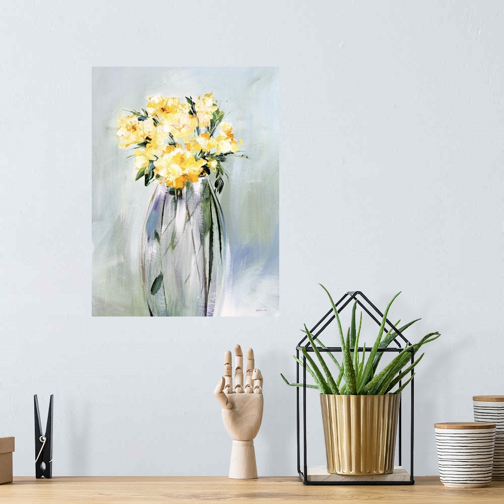 A bohemian room featuring Floral painting of a golden bouquet in a tall glass vase, on a background of vertically streaked ...