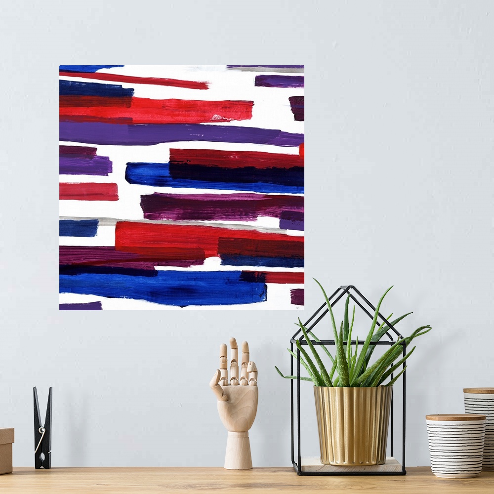 A bohemian room featuring Contemporary abstract painting with horizontal bars made of red, purple, blue, and gray hues comi...