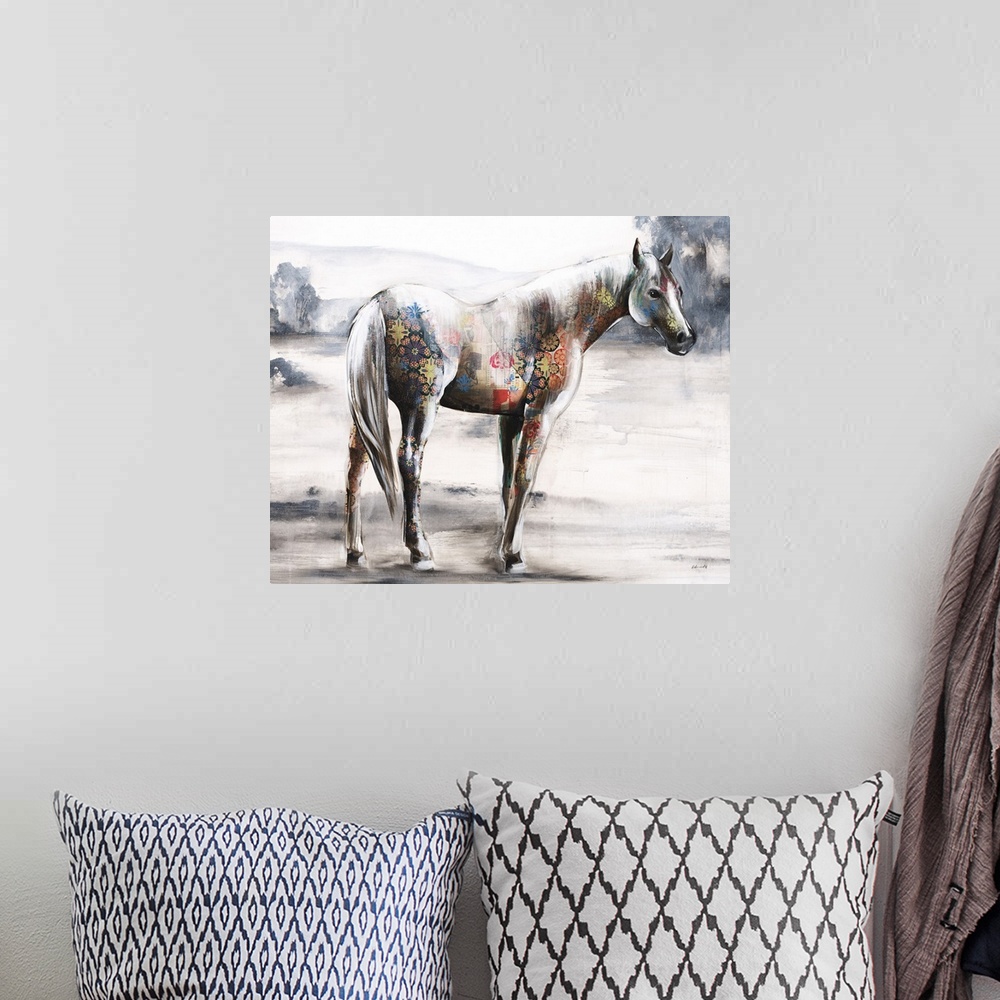 A bohemian room featuring Contemporary artwork of a horse in a field created with colorful patterns made with mixed media.
