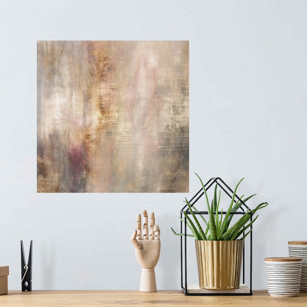 A bohemian room featuring Contemporary abstract painting in different shades of pale pink and brown.