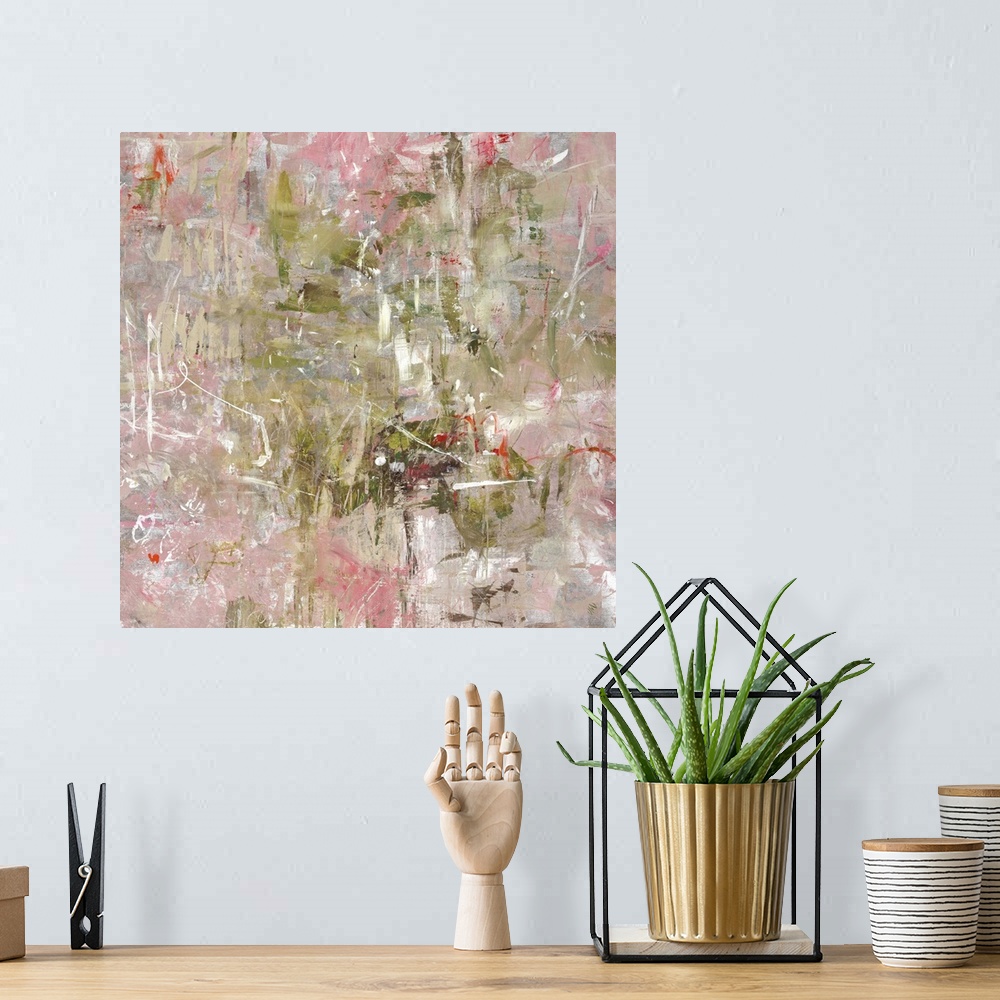 A bohemian room featuring Abstract painting of multicolored brushstrokes in various sizes and directions, that overlap and ...