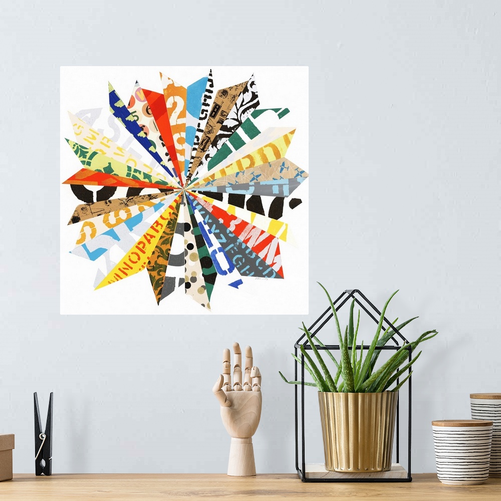 A bohemian room featuring Contemporary abstract painting of a flower made of different paper clippings.