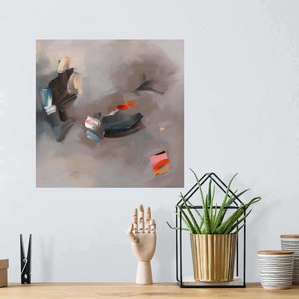A bohemian room featuring Hazy abstract contemporary painting in black and grey.