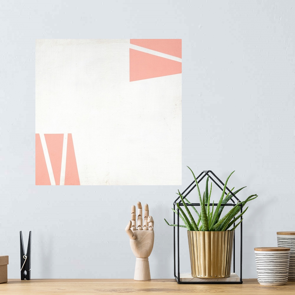 A bohemian room featuring Square geometric abstract painting with pink quadrilaterals coming together to create a bigger sh...