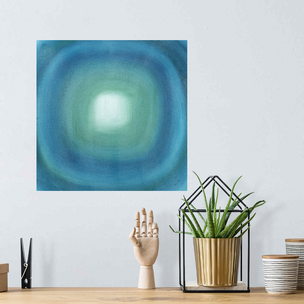 A bohemian room featuring Square abstract with with a blue gradient circle moving out from the white center towards the edg...