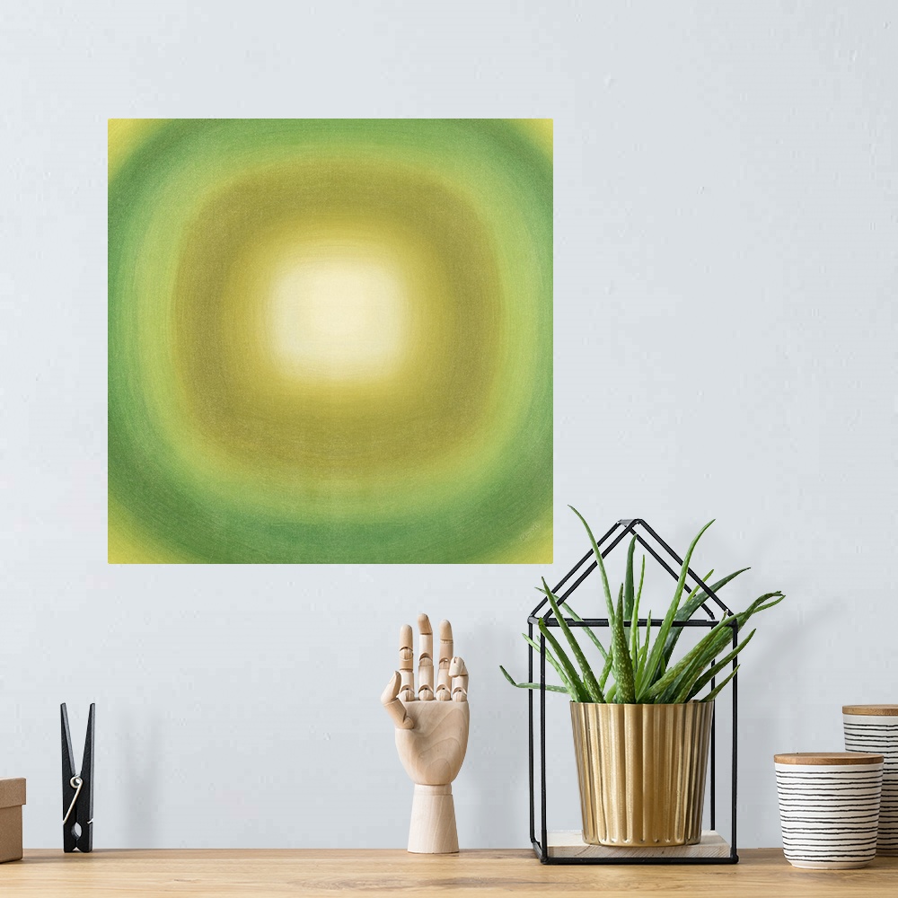 A bohemian room featuring Square abstract with with a green and yellow gradient circle moving out from the white center tow...