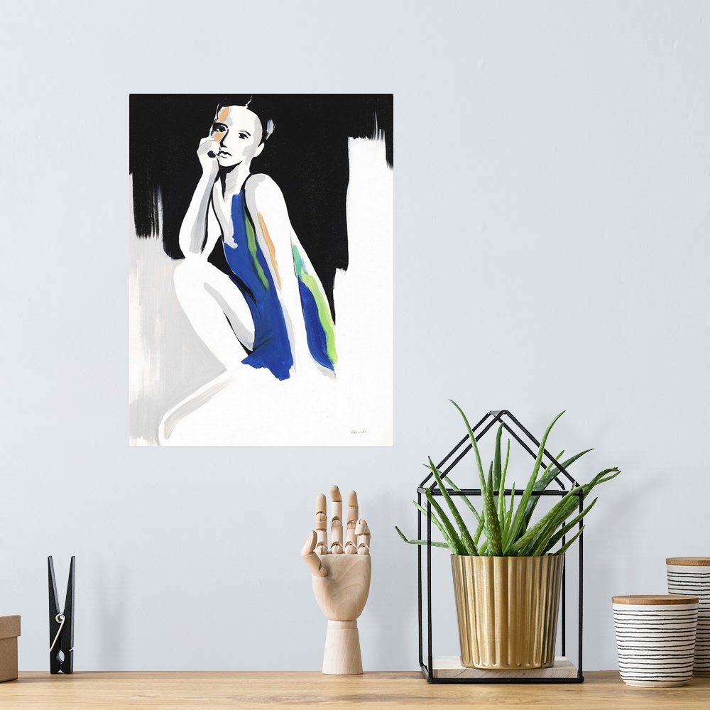 A bohemian room featuring Contemporary painting of a woman wearing a blue dress against an abstract background.