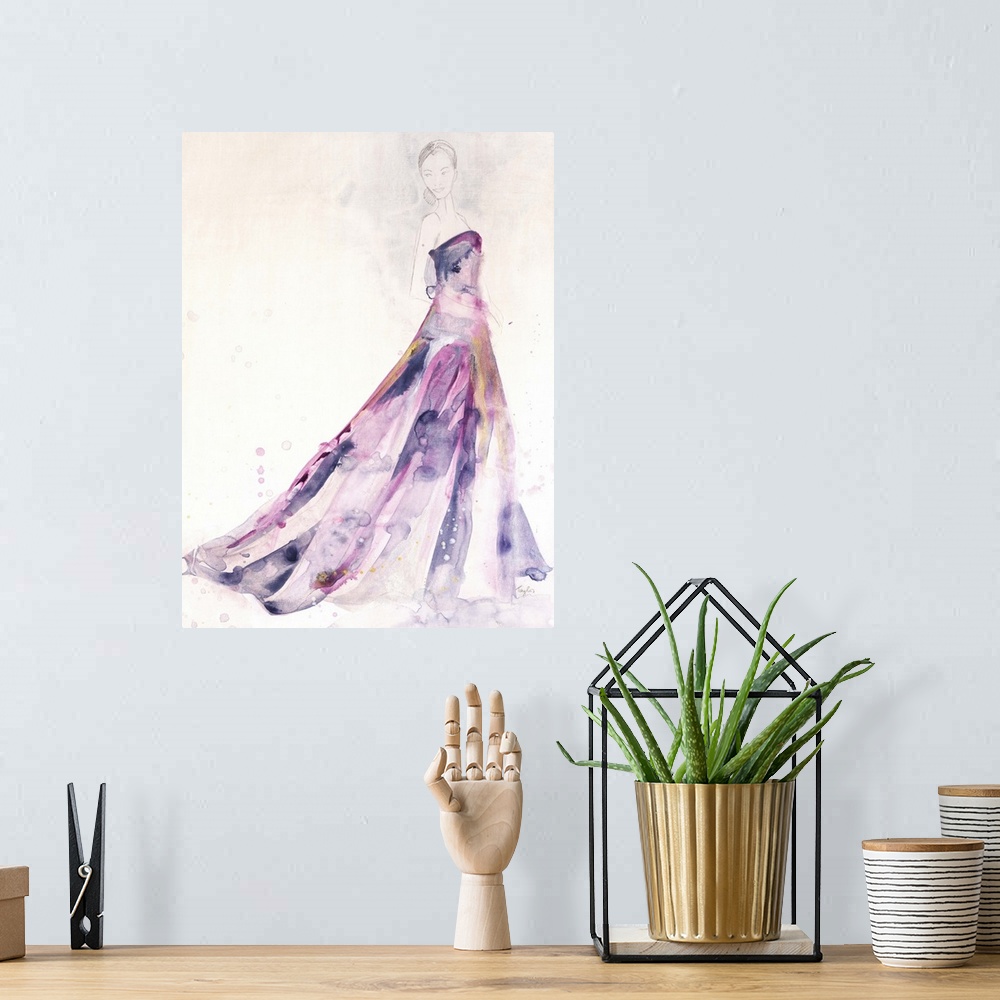A bohemian room featuring Contemporary painting of a woman wearing a purple dress against a neutral background.