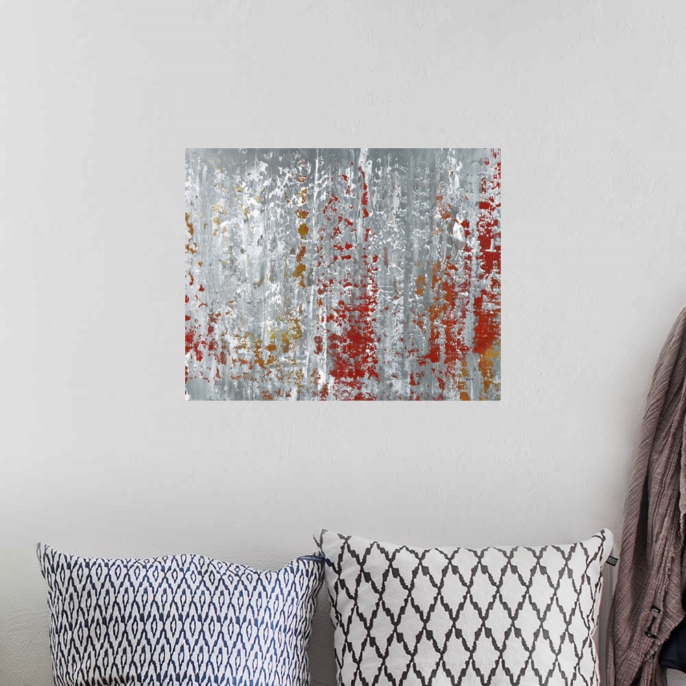A bohemian room featuring Contemporary abstract painting using muted gray and red tones.