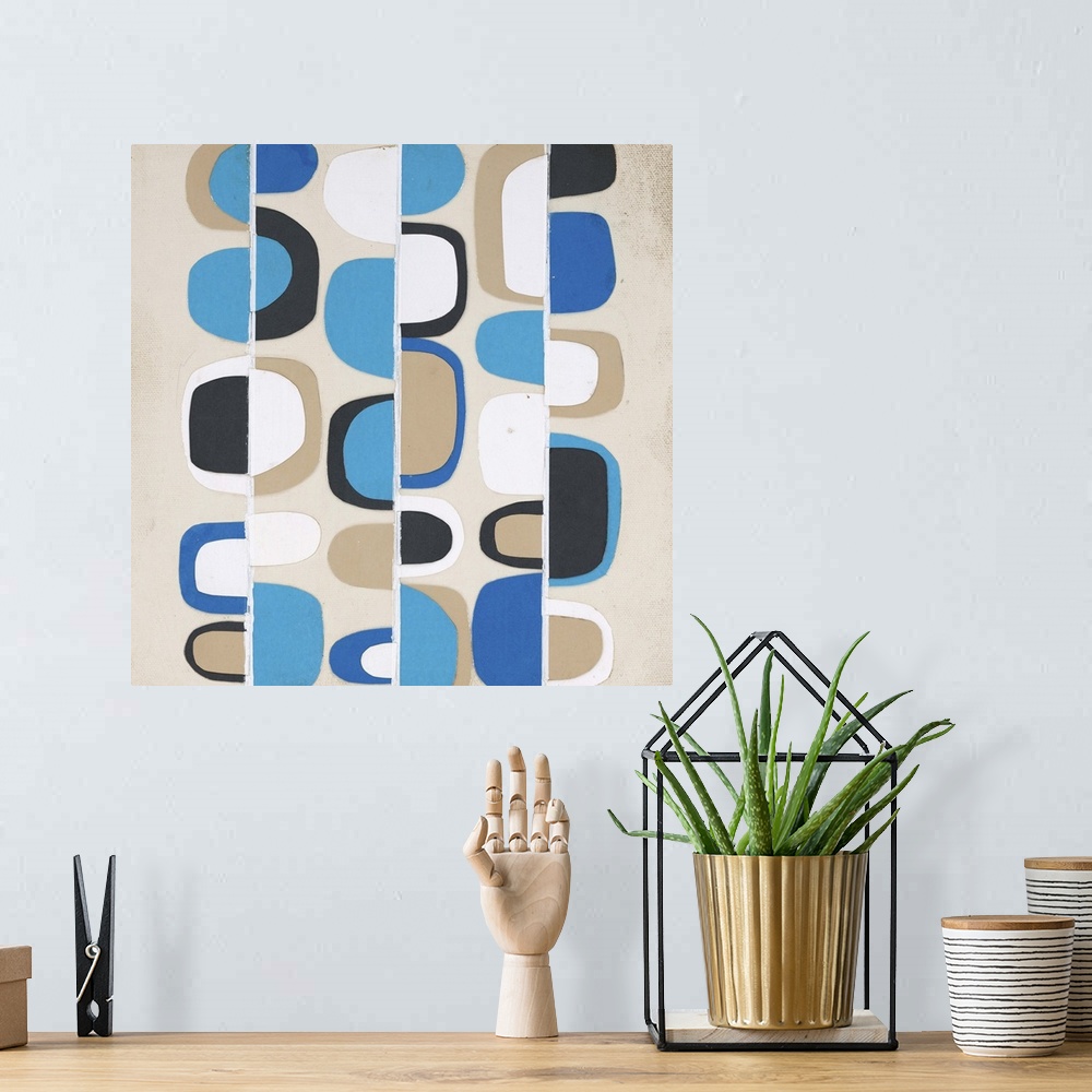 A bohemian room featuring Retro abstract painting with blue, tan, black, and white half circles moving up and down white ve...