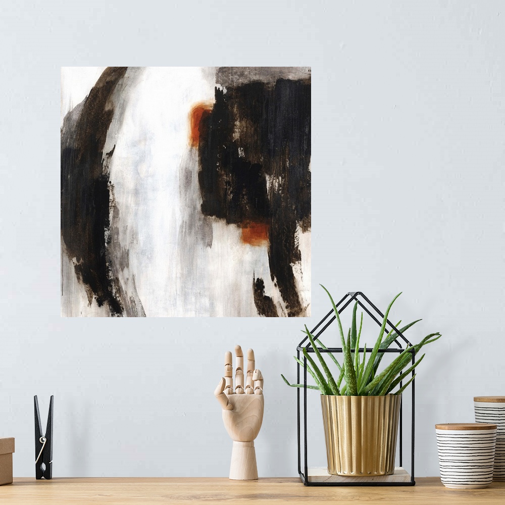 A bohemian room featuring Contemporary abstract painting of bold dark paint strokes with hints of orange against a neutral ...