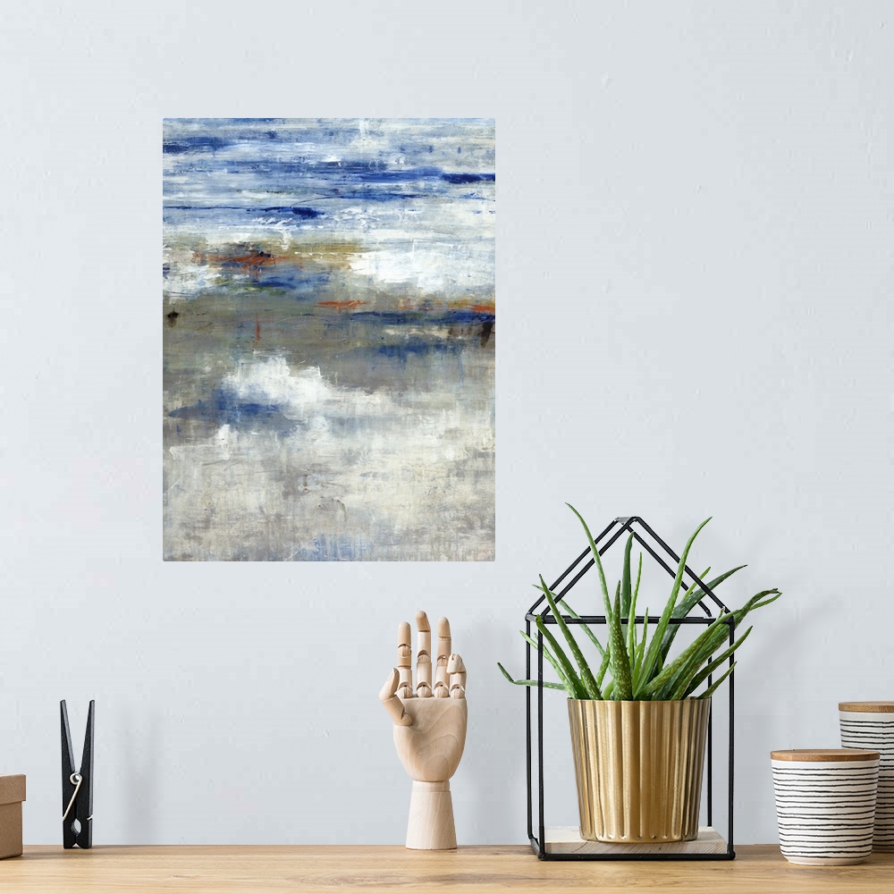 A bohemian room featuring Contemporary abstract painting with cool blue, gray, and white tones with hints of warm gold and ...