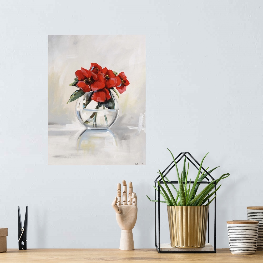 A bohemian room featuring Contemporary artwork of red poppies in a clear glass vase.
