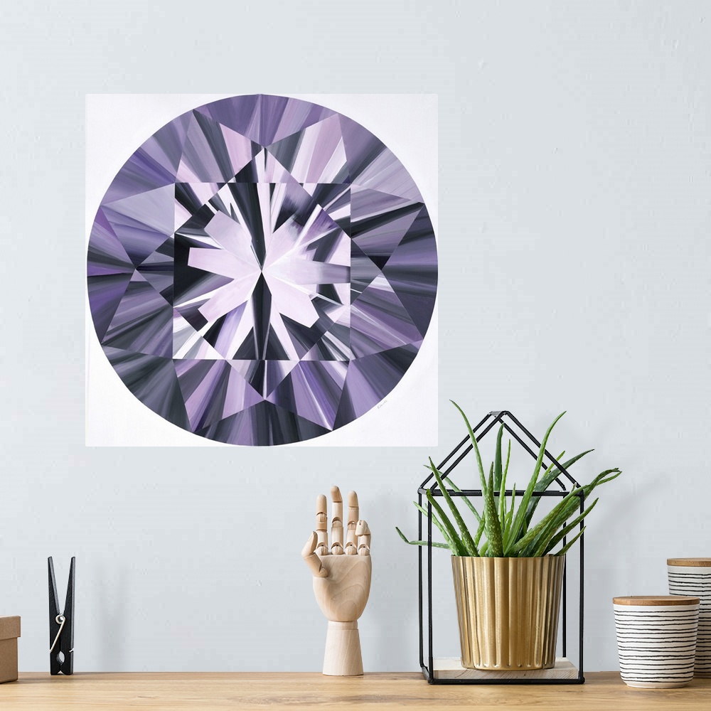 A bohemian room featuring A painting of a purple, round shaped gemstone.