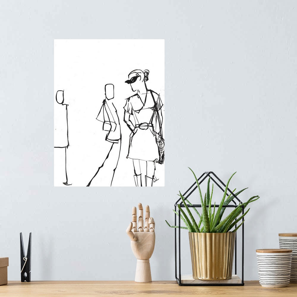 A bohemian room featuring Contemporary figurative artwork of human forms in simple structure against a white background.