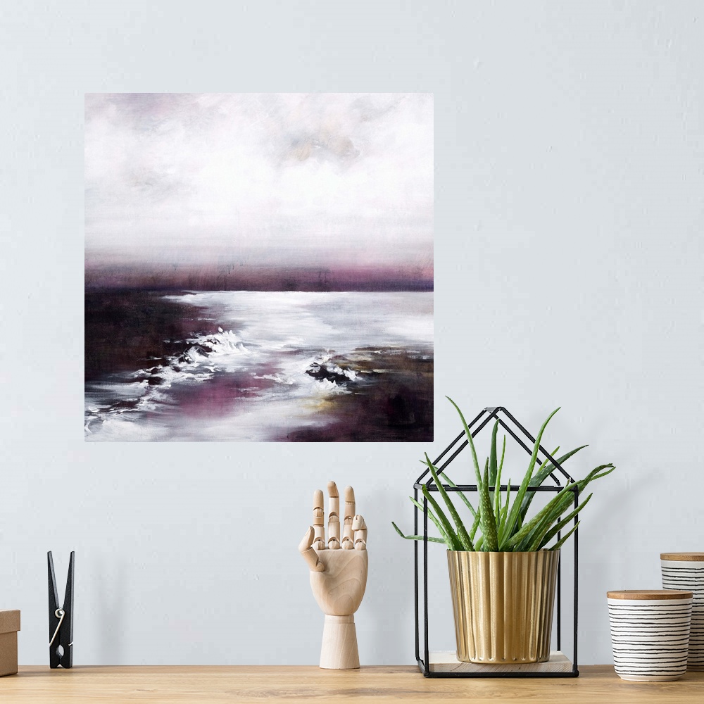 A bohemian room featuring Contemporary painting of a calm seascape with pink tones.