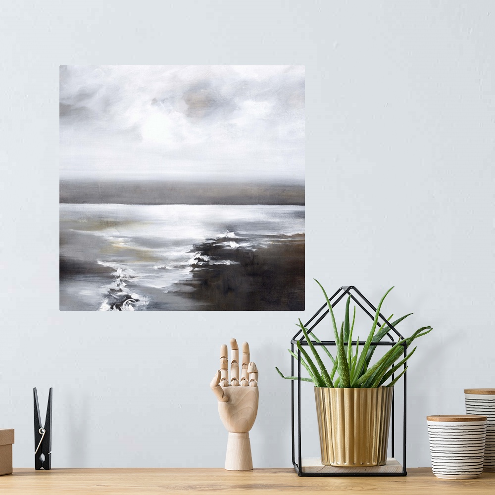 A bohemian room featuring Contemporary painting of a calm seascape with grey tones.